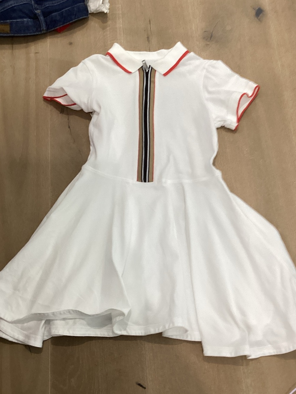 Burberry White Polo Skater Dress with Red Trim and Signature Stripe